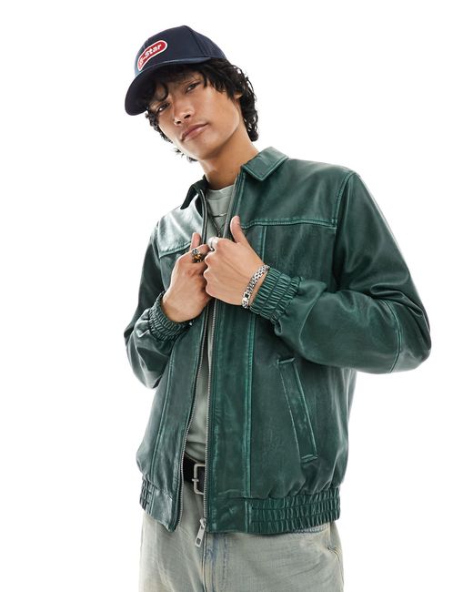 ASOS Green Real Leather Oversized Distressed Bomber Jacket With Seam Detail for men