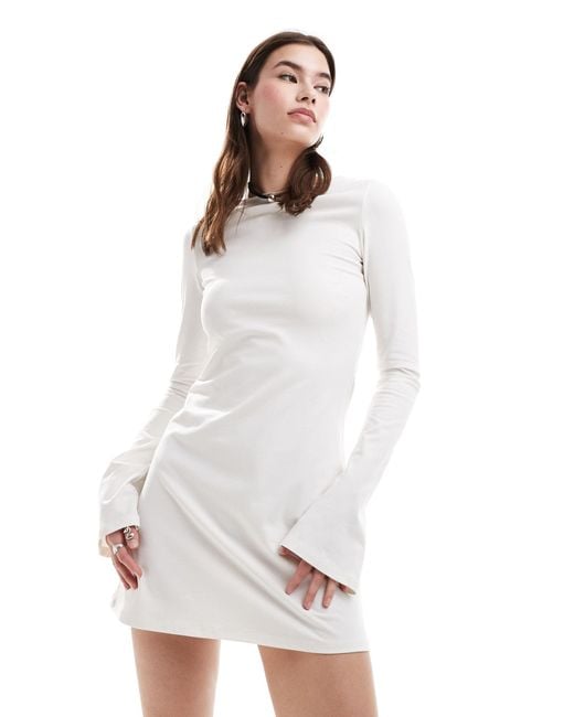 Weekday White Serena Boat Neck Long Sleeve Mini Dress With Trumpet Sleeves