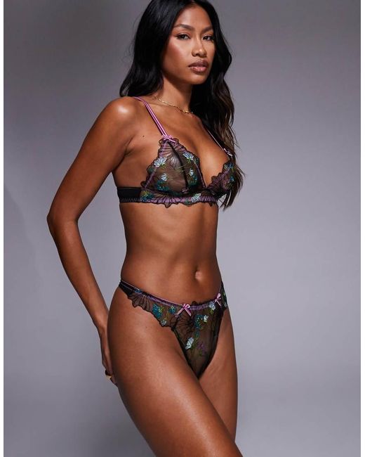 ASOS Brown Jamie Flower Floral Embroidered Thong With Satin Binding