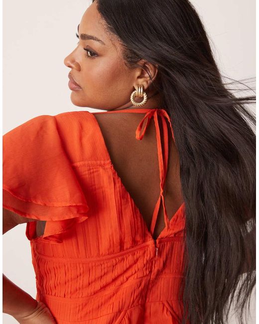 ASOS Red Asos Design Curve Flutter Sleeve Ruched Maxi Dress With Hi Low Hem