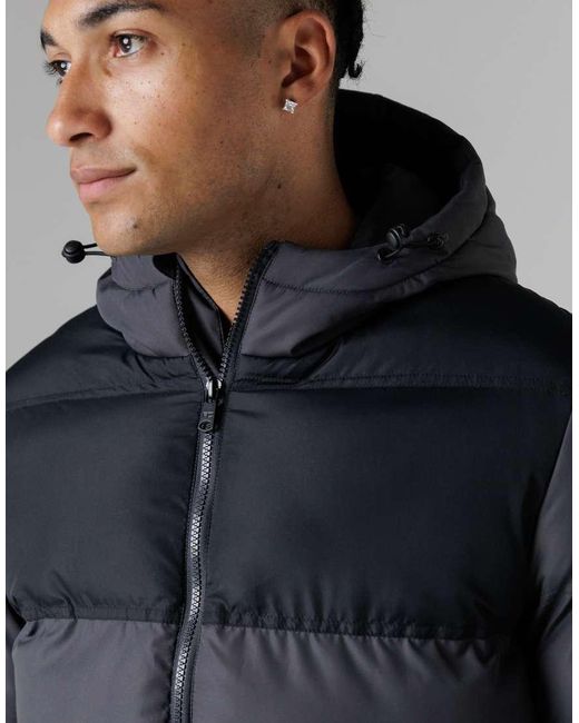 French Connection Blue Colour Block Hooded Puffer Jacket With High Neck for men