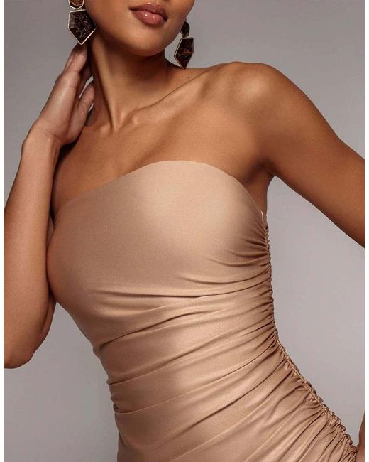 Goddiva Brown Bandeau Faux Leather Midi Dress