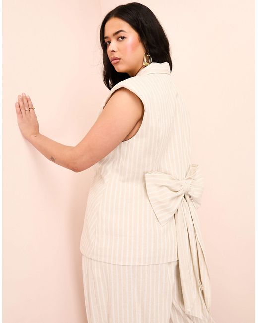 ASOS Natural Curve Linen Look Long Line Sleeveless Tailored Blazer With Bow Back
