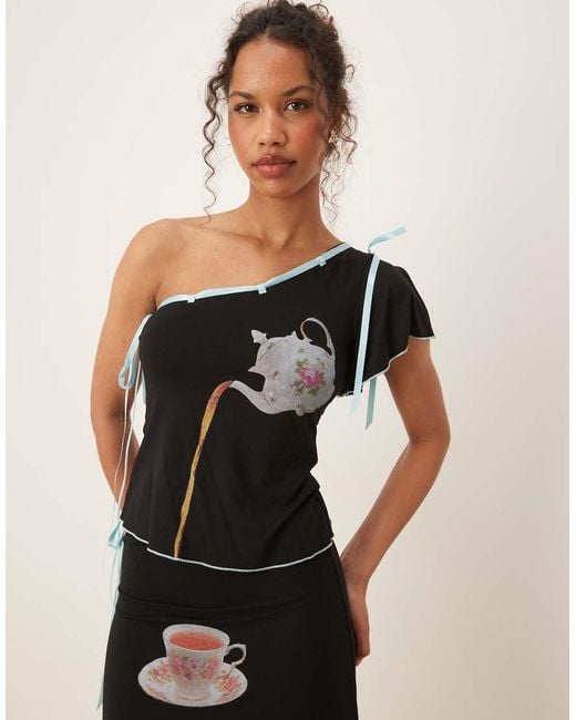 Tyler McGillivary Black Alice Tea Motif Ribbon Top Co-Ord