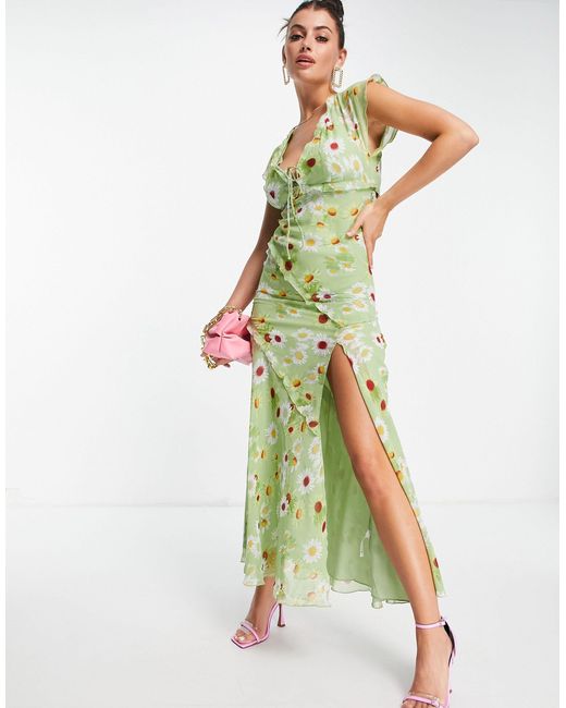 Vestito da giorno lungo con dettagli con volant e taglio sbieco, colore  verde con stampa a fioriASOS in Materiale sintetico di colore Verde | Lyst