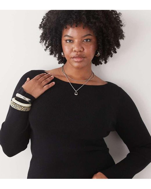 Collusion Black Plus Knitted Slash Neck Long Sleeve Top