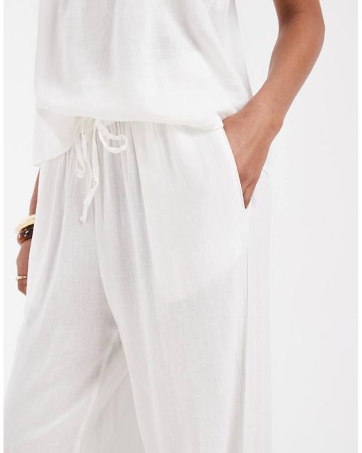 Pieces White Tie Waist Wide Leg Linen Blend Trousers Co-ord