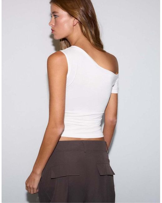 Stradivarius White Asymmetric Button T-shirt