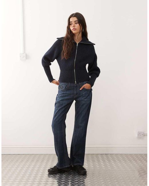 Weekday Blue Rib Knit Zip Through Cardigan
