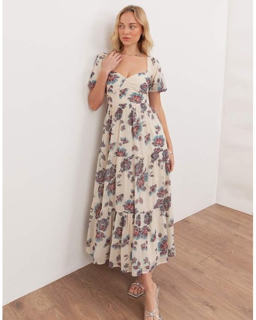 ANAYA Natural Floral Sweetheart Neck Puff Sleeve Midaxi Dress