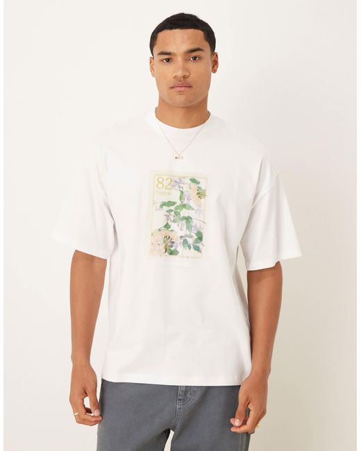 SELECTED White Oversized T-shirt With Front Floral Print for men