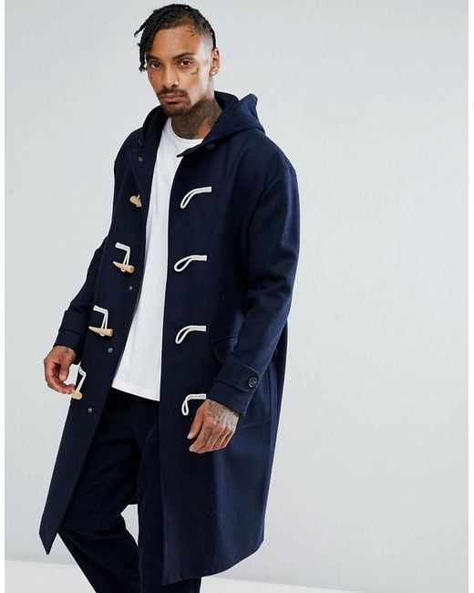 ASOS Blue Wool Mix Oversized Duffle Coat In Navy for men