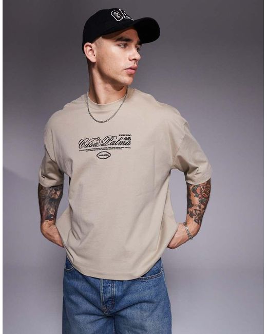 T-Shirt Oversize Squadrata Chiaro Con Stampa Sul Davanti E Sul Retro di ASOS in Gray da Uomo