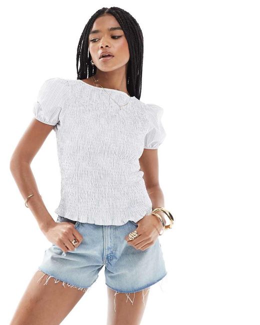 ASOS White Shirred Puff Sleeve Blouse