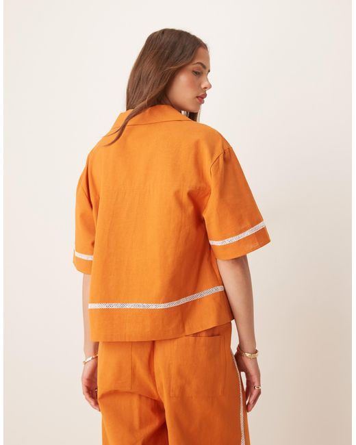 ASOS Orange Linen Blend Short Sleeve Shirt With Contrast Trim