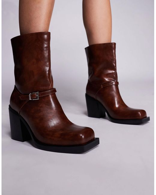 Public Desire Brown Dusty Square Toe Heeled Ankle Boots