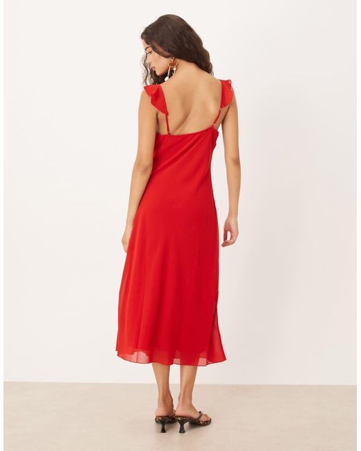 Mango Red Tie Front Ruffle Sleeve Midi Dress