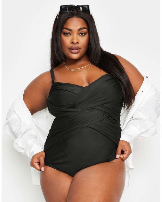 Yours Clothing Black Double Crossover Tummy Control Swimsuit
