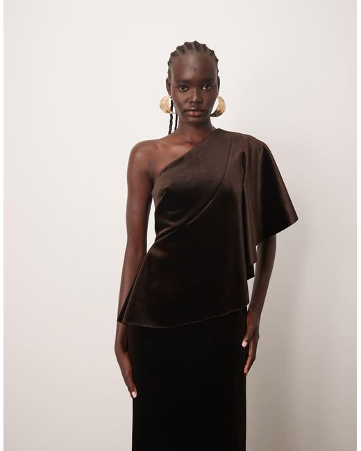 ARRANGE Natural One Shoulder Velvet Bodice Maxi Dress