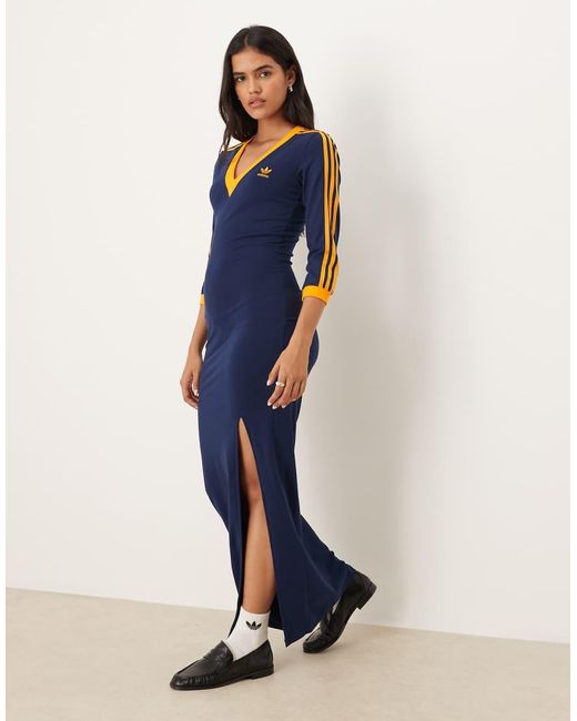 Vestido Largo Azul Añil Nocturno Y Naranja Deportivo Con 3 Rayas Adicolor Classics De -Morado Adidas Originals de color Blue