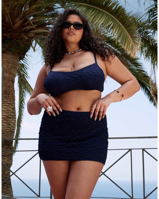 ASOS Blue Asos Design Curve Courtney Textured Swim Skirt