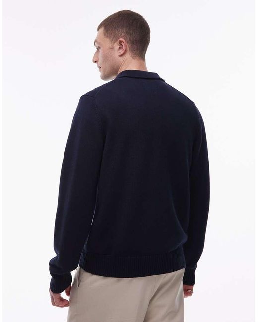 DOUBLE A by WOOD WOOD Blue 100% Cotton Logo Zip Up Collar Cardigan for men