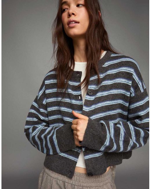 Bershka Gray Striped Button-Up Cardigan