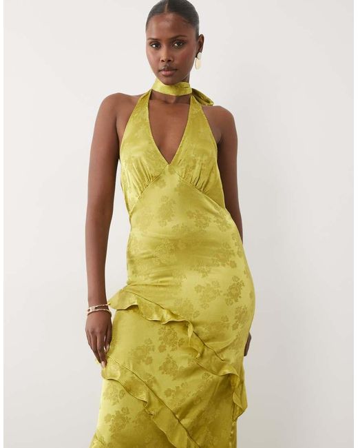 Y.A.S Green Halter Neck Jacquard Ruffle Maxi Dress