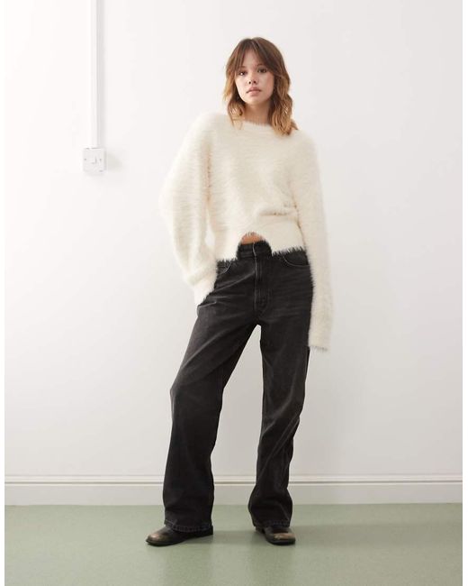 Monki Natural Hairy Knit Sweater With Front Slit Detail