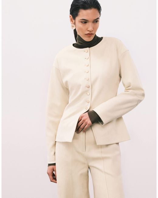 4th & Reckless Natural Faux Suede Collarless Gold Button Blazer Co-ord