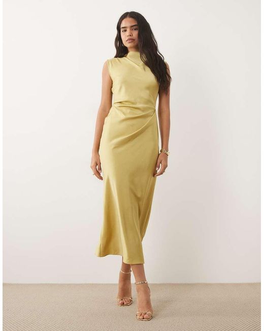 ASOS Natural Satin High Neck Pleated Bodice Midi Dress
