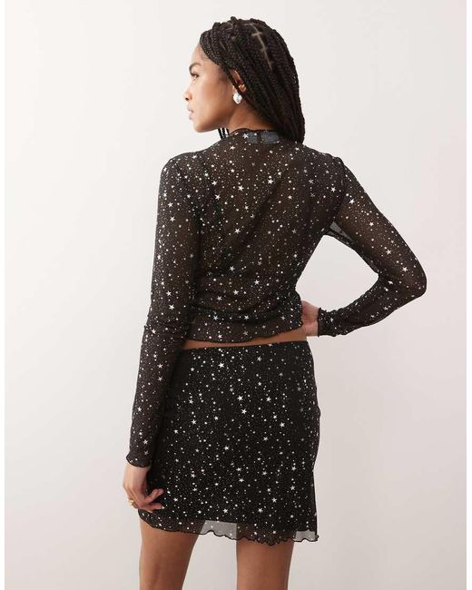 Noisy May Black Lettuce Edge Mesh Top With Silver Stars Print