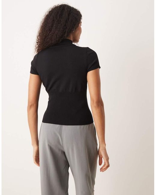 Mango Gray High Neck Knitted Short Sleeve Top With Cut Out Detail