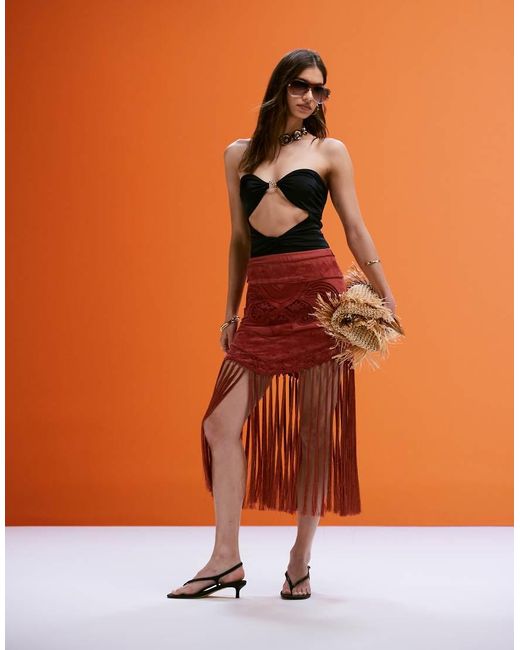 ASOS Orange Embroide Skirt With Fringe Detail