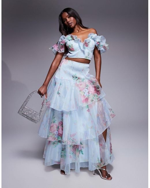 Jupe longue d'ensemble en mousseline froncée - fleuri ASOS en coloris Blue