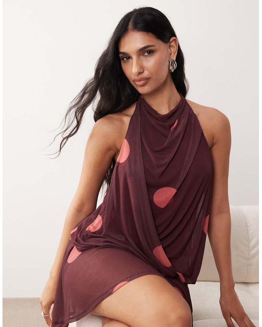 ASOS Red Printed Mesh Draped Halter Mini Dress With Blouson