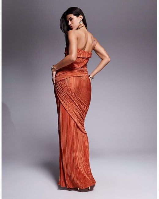 ASOS Red Premium Plisse Bandeau Maxi Dress With Draped Panels