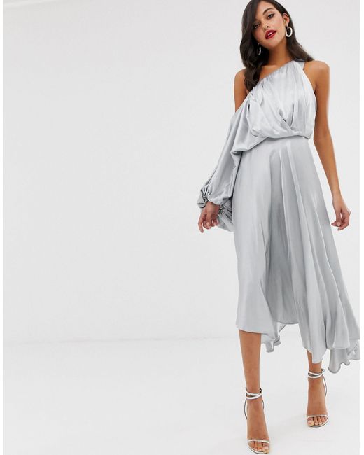 asos edition blouson one shoulder dress in satin