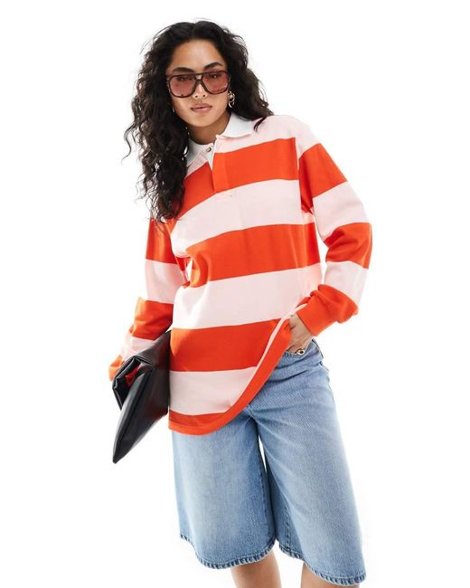 Monki Orange Oversized Long Sleeve Rugby Top