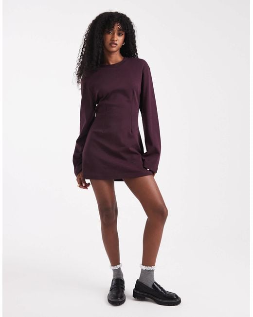 Monki Purple – tailliertes, langärmliges t-shirt-minikleid