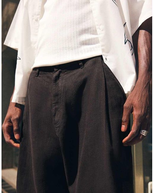 Bershka Black Super baggy Linen Bermuda Shorts for men