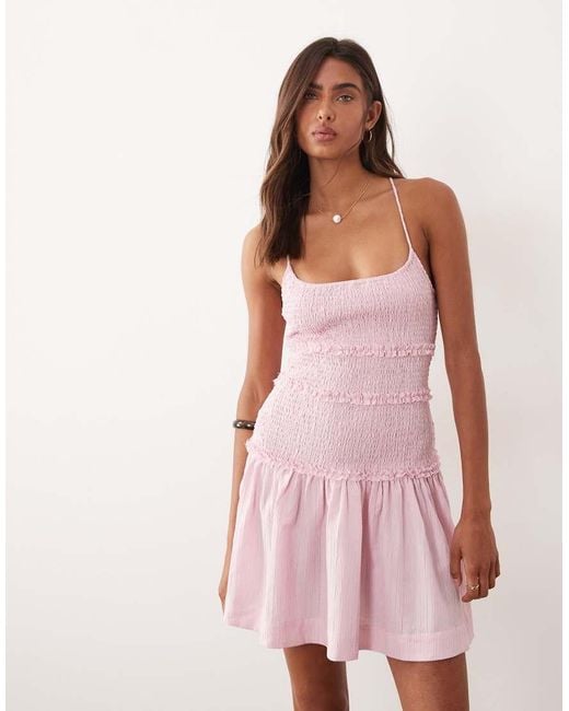 ASOS Pink Crinkle Mini Sundress With Shirred Dropped Waist