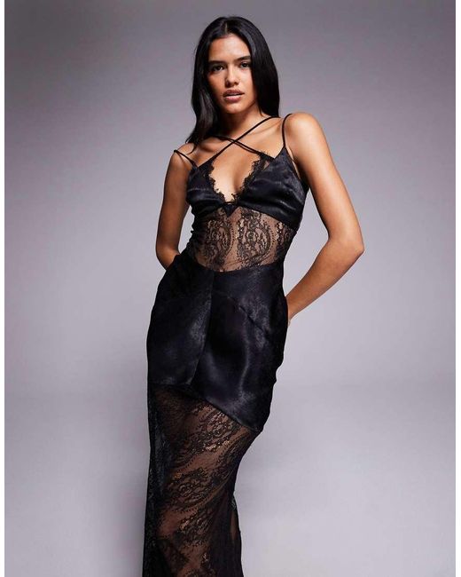 ASOS Blue Satin And Lace Mix Sheer Bodice Cami Maxi Dress