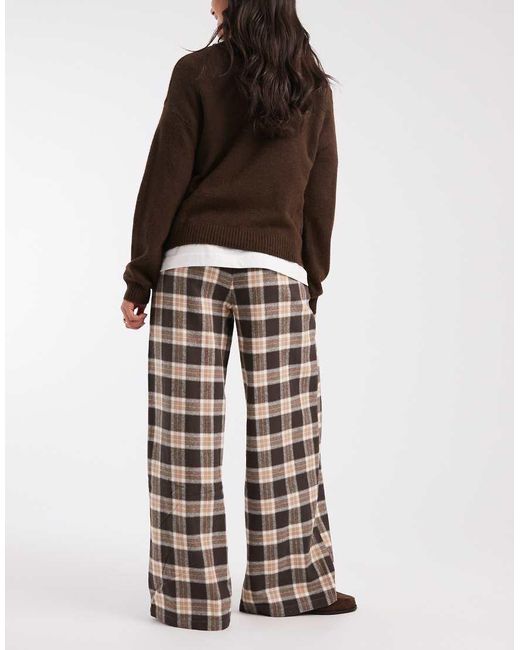 Object Brown Wide Leg Textured Check Trousers