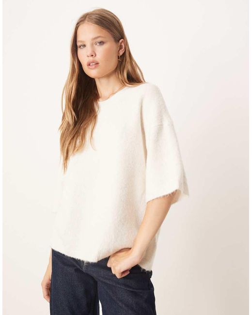 Gina Tricot White Relaxed Fit Knitted Wool Alpaca Short Sleeve Top