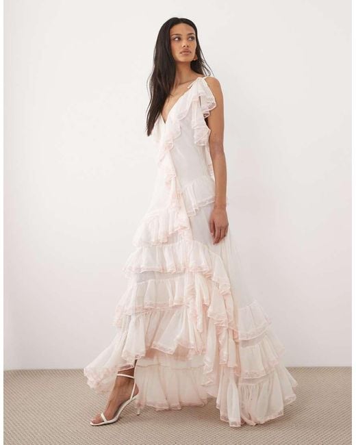 For Love & Lemons Pink Juniper Chiffon V-Neck Ruffle Tiered Maxi Dress