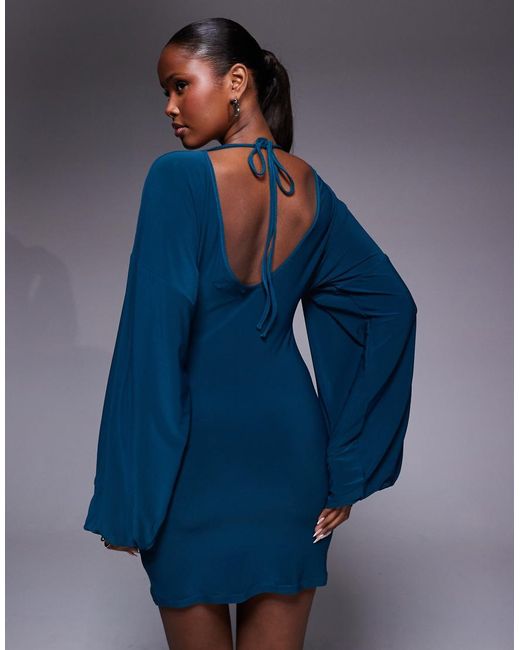 ASOS Blue Long Sleeve Mini Dress With Gauged Detail