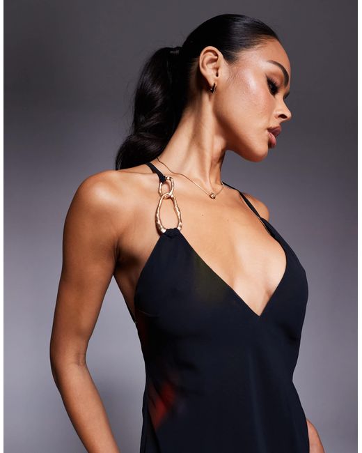 Oh Polly Black Thigh Split Chiffon Maxi Dress