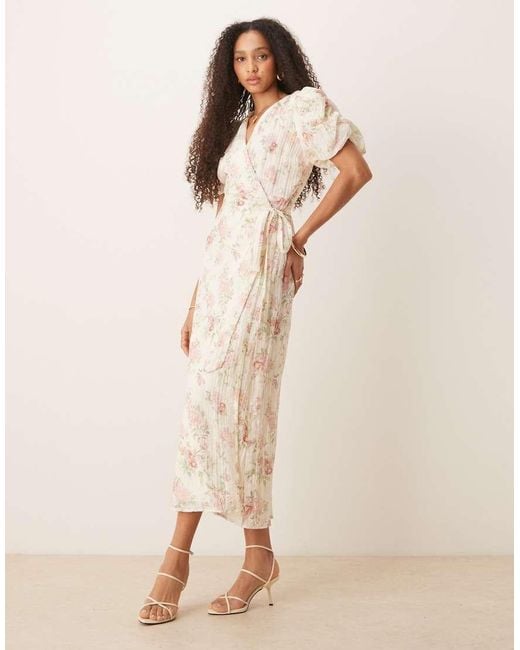 Gina Tricot Natural Puff Short Sleeve V Neck Wrap Tie Front Midi Dress