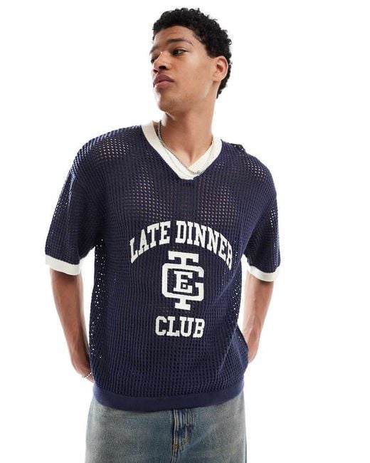 Bershka Blue Knit Mesh Late Club T-shirt for men